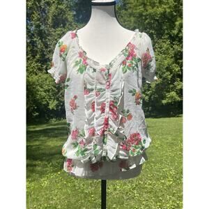 00s Y2K Coquette Hollister Rose Garden Ruffle Chiffon Ruched Button Front Top L